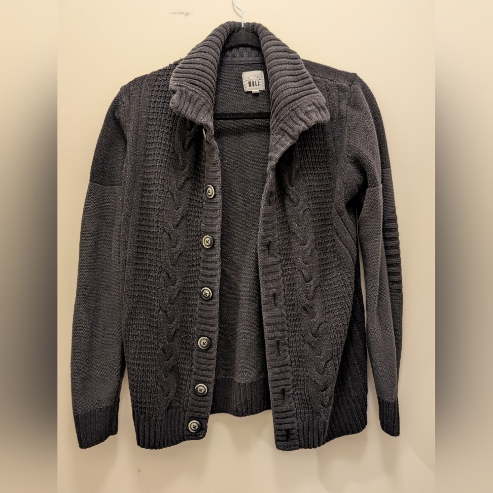 Citizen Wolf Gray Cable Knit Cardigan Button Up Sweater Academia Cozy